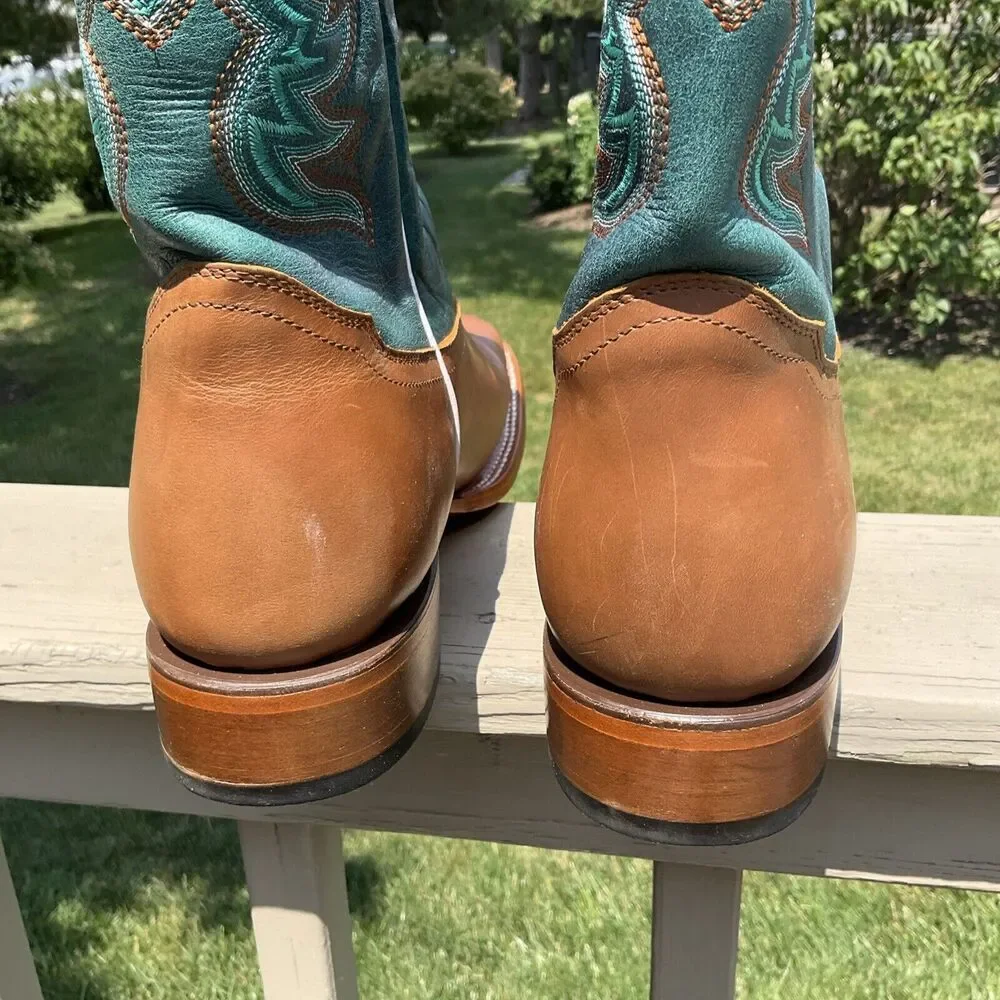 Alfa Western Wear Men's Cowboy Boots Square Toe Blue Green Leather Sz 12‎ Mexico